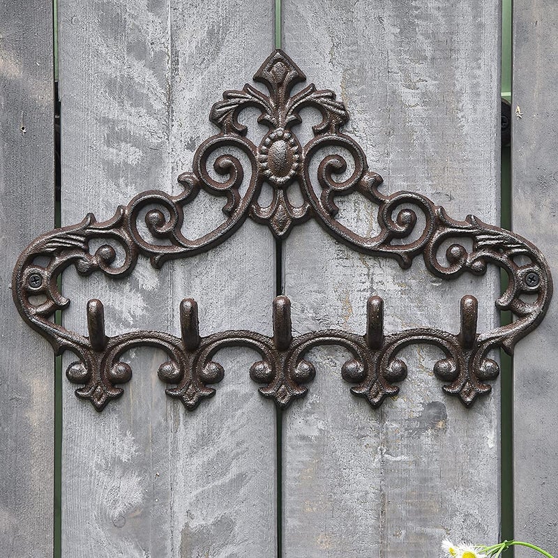 Sungmor Cast Iron Rustic Coat Hook Hanger with 5 Hooks - Practical Iron Storage Organizer/Wall Hooks Hanging Rack - Pretty Pattern Charming Wall Decor for Keys Clothes Hats - Image 2